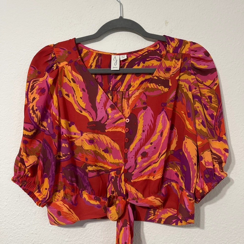 Joie Floral Puff Sleeve Crop Top Tie Waist Boho Cottagecore Pink Orange Medium